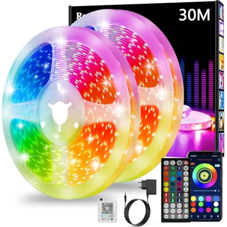 Led Strip 30m, RGB Led Streifen, Bluetooth Smart Led Band Selbstklebend, Led Leiste mit Fernbedienung und APP, Dimmbar, Musik Sync, Timer-Einstellung für Gaming Zimmer, Room, Küche, Party (2x15m) – Bild 1