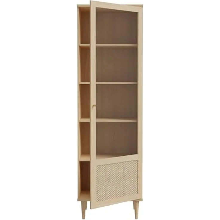 Forte CALASETTA Vitrine 60, Boho-Vitrinenschrank mit Rattangeflecht, 1-türig, Holzwerkstoff, Elegancia Eiche | Technorattan, 60,4 cm breit x 198,5 cm hoch x 41,4 cm tief – Bild 6