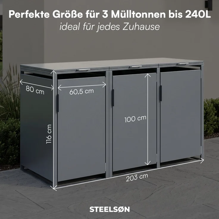 STEELSØN 'Thoria' Mülltonnenbox 3er je 240 Liter, anthrazit, Mülltonnenverkleidung aus Stahl, wetterfest, 116x80x203 cm, Müllbox für 3 Tonnen – Bild 9