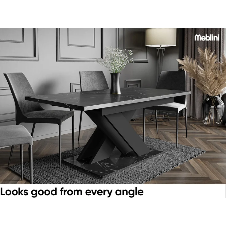 MEBLINI Esstisch Ausziehbar - 140-180x80x75cm - BRONX - Schwarz Marmor/Schwarz Matt - Esszimmertisch Modern - Küchentisch - Säulentisch - Ausziehtisch - Dining Table – Bild 6