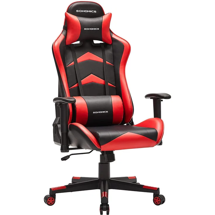 Songmics Gaming Stuhl, Bürostuhl, ergonomischer Schreibtischstuhl, verstellbare Armlehnen, 90°-135° Neigungswinkel, Wippfunktion, bis 150 kg belastbar, Stahlgestell, schwarz-rot RCG062B01