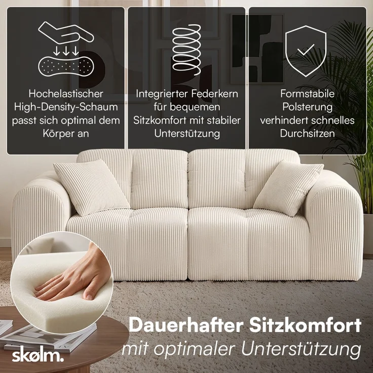skølm 'Vanaheim' Sofa 2 Sitzer mit 2 Kissen, Cloud Sofa Cord beige, Vollschaumcouch mit Federkern und Vakuum-Kompression, kein Aufbau erforderlich – Bild 3