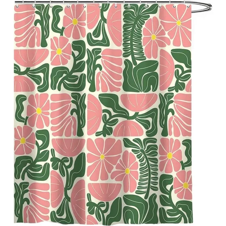 Coonoor Duschvorhang Boho Duschvorhang mit abstraktem, buntem Blumenmuster Breite 180 cm (1-tlg), Vintage Retro Patchwork – Geometrisches Botanisches Design für das Bad
