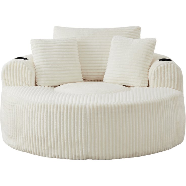 Rundes Loungesofa aus Cord, Einzelsitz Sitzsack Liegestuhl mit 3 Kissen, 2 Getränkehaltern, Seitenaufbewahrung, Rutschfest, Bequemes Relaxsofa für Wohnzimmer Schlafzimmer--Beige--146x29x32cm--YOUDENOVA – Bild 10