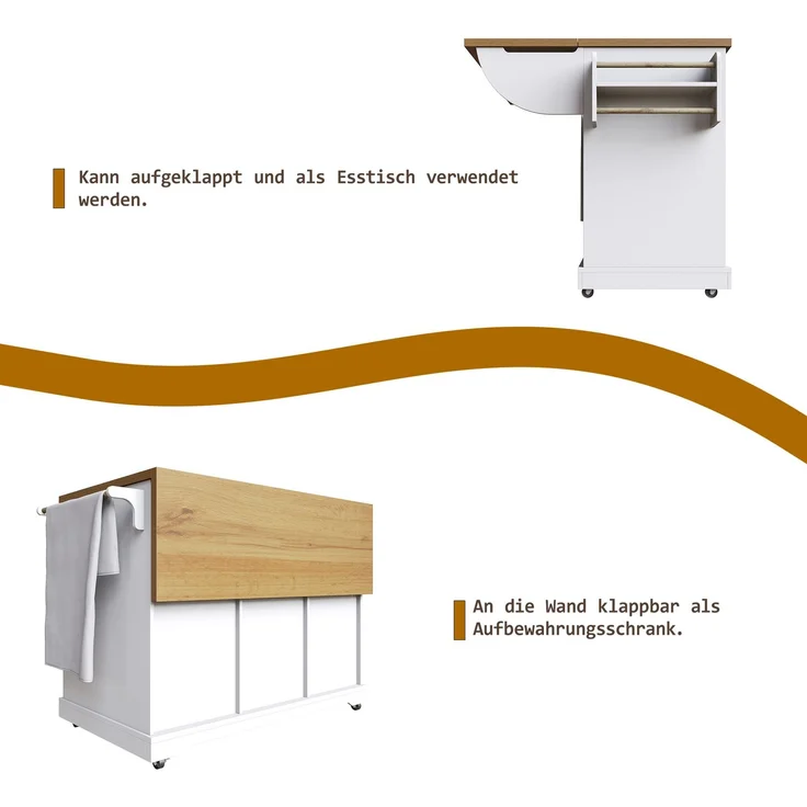 Servierwagen aus MDF mit Klappfunktion & Stauraum, 147x44/70x93 cm, Weiß – Bild 7