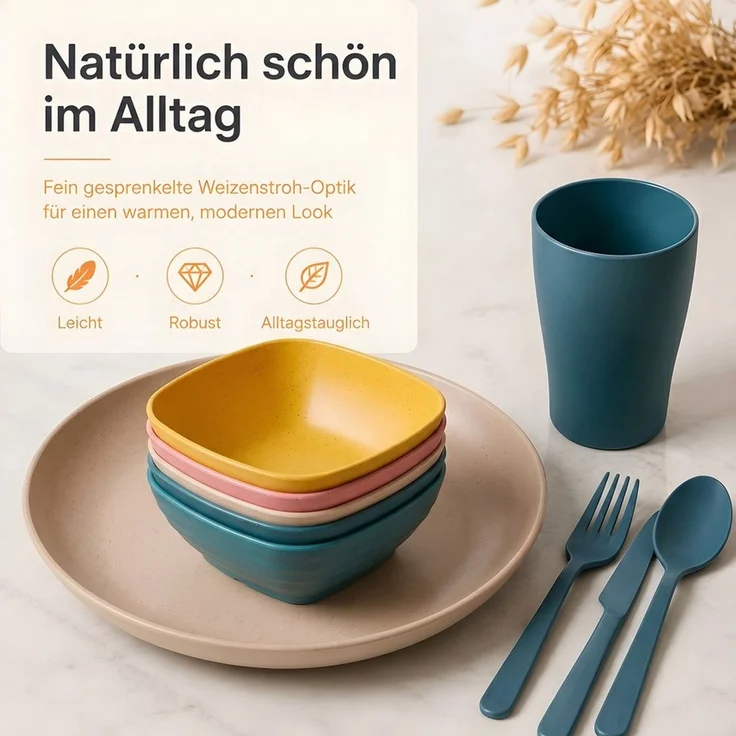 SURFOU Kombiservice Geschirr-Set 54 Teiliges Unzerbrechliches Wiederverwendbar Camping (54-tlg), für 6 Personen Plastikgeschirr Picknick Leicht Bunt Grill Kunststoff – Bild 4