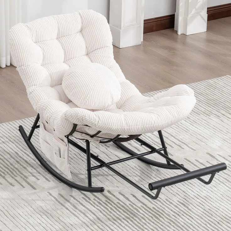 LVHOM Schaukelstuhl mit ausziehbarer Fußstütze, Rattanstuhl mit Stahlrahmen, Schaukelsessel mit gepolstertem Kissen und Seitentasche, Lounge Sessel, 1 St, Beige – Bild 9