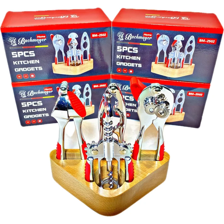 5 tlg Set Ständer Drehbar Dosenöffner Knoblauchpresse Nussknacker Dosenöffner Rot – Bild 1