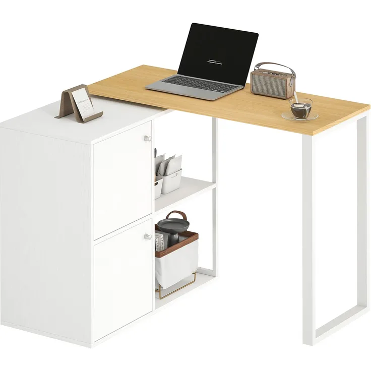 Schreibtisch L-förmig, 360° drehbarer Eckschreibtisch mit 2 Lagerschränken, 2 offenen Regalen, Computertisch für kleine Räume, Arbeitszimmer, Wohnzimmer, 150x40x75 cm, Weiß--Weiß--75x40x150cm--YOUDENOVA