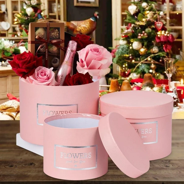 3er Set Runde Blumen-Geschenkboxen mit Deckel - Rosa Ø15/17/20cm – Bild 5