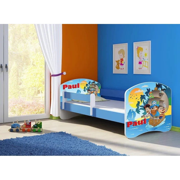 ACMA Kinderbett Jugendbett mit Einer Schublade und Matratze Blau mit Rausfallschutz Lattenrost II 140x70 160x80 180x80 (21 Piraten, 140x70) – Bild 4