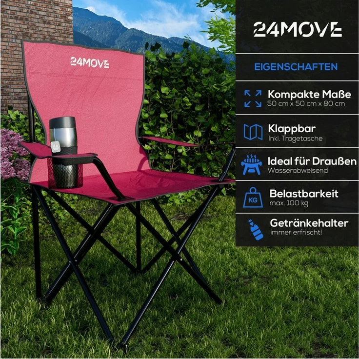 24Move Campingstuhl 24MOVE® Campingstuhl faltbar,2er Set,Anglerstuhl,Liegestuhl,Getränke (bis max. 100 kg), mit Tragetasche, rot, Klappstuhl, bis 100kg belastbar – Bild 3