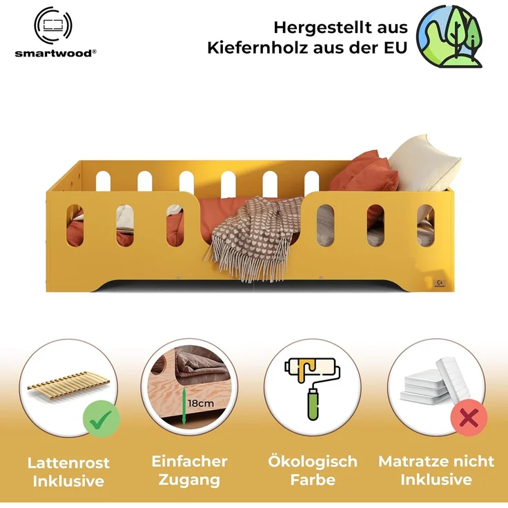 smartwood Kinderbett Bodenbett 70x160 mit Rausfallschutz & Lattenrost - Senfgelb - Kinder Montessori Bett TILA 2 mit glatten Kanten - Betten für schnelle Montage - Bis 230 kg belastbar – Bild 3