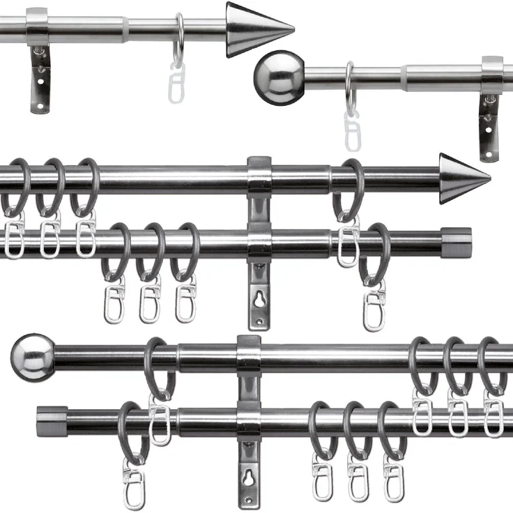 Stilgarnitur in Edelstahl ausziehbare Gardinenstange Einzelstangen Doppellaufstangen Cafehausstange-Set inkl. Zubehör und Montage-Anleitung, schlicht und modern in vielen verschiedenen Ausführungen erhältlich Palma (Doppellauf) 120-230cm ausziehbar – Bild 6