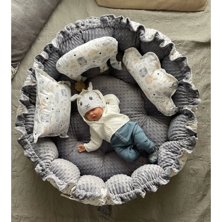 Loolay Bettnestchen MINKY Graphit/ HASE Beige-Weiß ENGELSNEST Babynest, Unterlage, (PREMIIUM XXL als Nestchen Ø90cm, als Krabbeldecke Ø155cm, Original LOOLAY® Babynestchen Spielmatte Reisebett ►SETS MIT ZUBEHÖR), 100% Europäische Stoffe und Kleinserien... – Bild 1