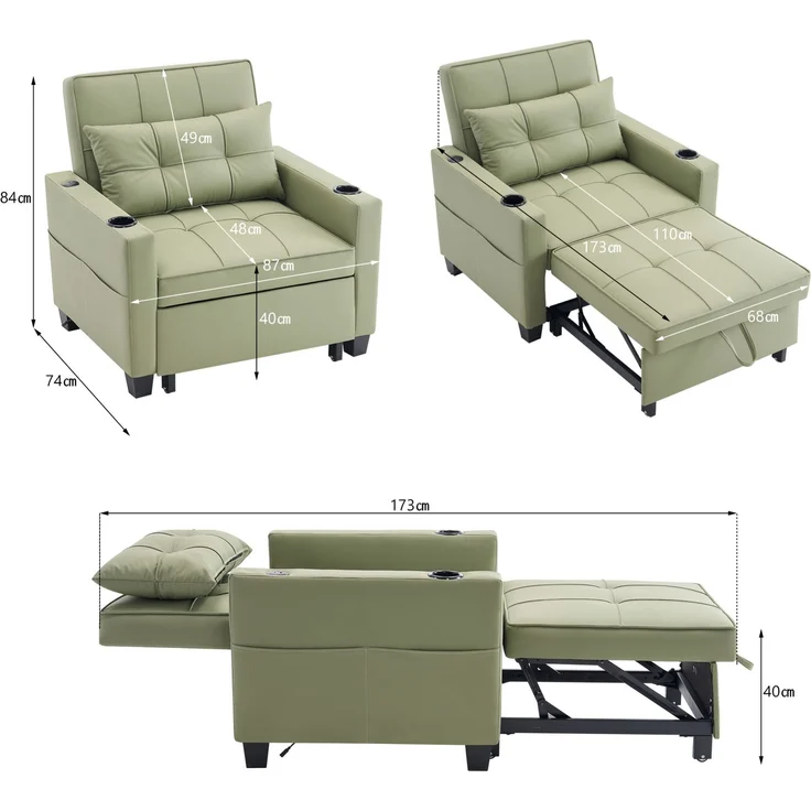 Schlafsessel 3-in-1 74cm×87cm×84cm in Avocado als Sessel, Liegestuhl und ausziehbares Schlafsofa – Bild 7
