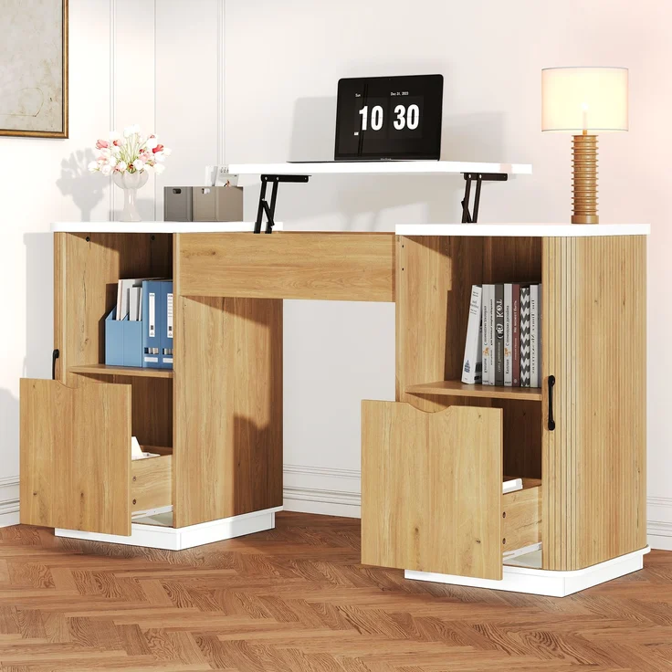Modernes Büromöbel-Set & Schreibtisch-Set mit Aktenschrank – 140cm Computertisch mit Klappfach, Unterschränken & Rillendesign, Holzoptik & Weiß, Großer Arbeitsplatz für Home Office & Büro--Weißeiche--103.99x46.99x11.51cm--YOUDENOVA – Bild 3