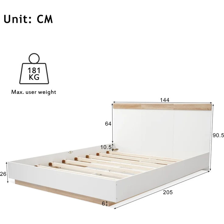 Schwebebett 140x200 cm, Doppelbett in Eiche & Weiß mit Wildeiche Kopfteil,komfortable Liegehöhe – Bild 10