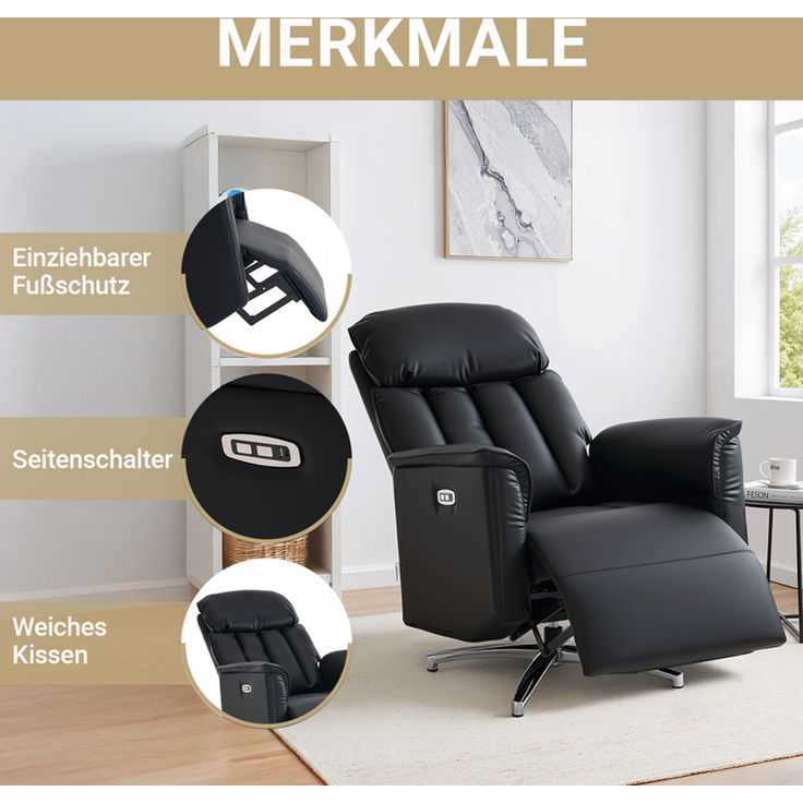 HOME NATURE WOHNKONZEPT Elektrischer Relaxsessel mit USB-Anschluss, elektrisch verstellbarer TV-Sessel mit Liegefunktion, Kunstleder Schwarz, bis 350 kg, FT9202 – Bild 4