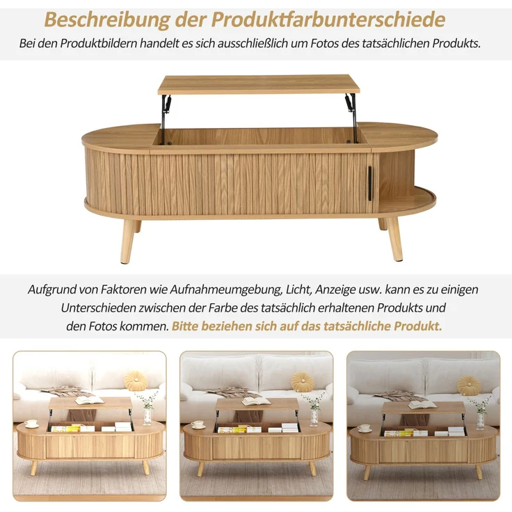 Couchtisch 120x50x39,5 cm höhenverstellbar mit verstecktem Stauraum aus MDF in Naturholzoptik – Bild 9