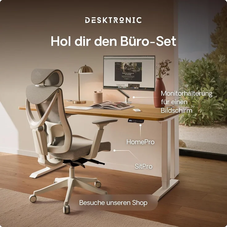 Desktronic Höhenverstellbarer Schreibtisch aus massivem Eichenholz (140x70 cm) – Elektrisch höhenverstellbar mit flüsterleisem Dual-Motor & Touchscreen – Hohe Tragfähigkeit – Stehtisch HomePro – Bild 9