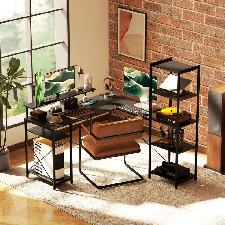 L-förmiger Eckschreibtisch mit Monitorständer und Ablagen, 137x140x139,5 cm,Schwarz – Bild 2