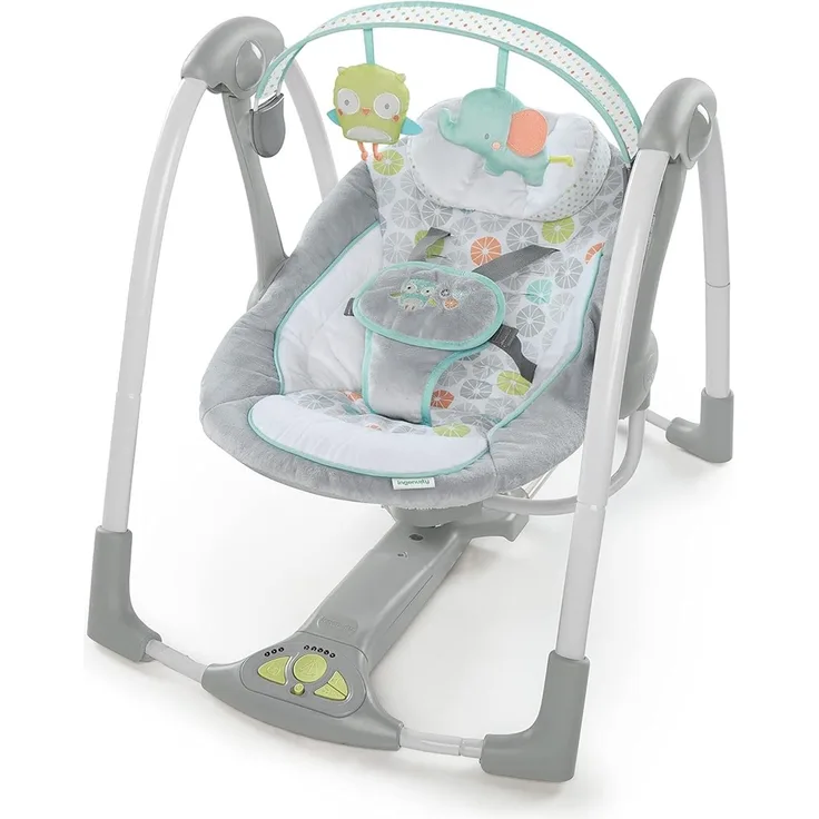 Ingenuity Hugs & Hoots zusammenklappbare & tragbare Babyschaukel, 5 Schaukelgeschwindigkeiten, 8 Melodien, 3 Naturgeräusche, Lautstärkeregulierung und abnehmbarem Spielzeugbügel, ab der Geburt bis 9kg