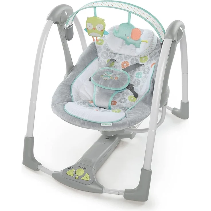 Ingenuity Hugs & Hoots zusammenklappbare & tragbare Babyschaukel, 5 Schaukelgeschwindigkeiten, 8 Melodien, 3 Naturgeräusche, Lautstärkeregulierung und abnehmbarem Spielzeugbügel, ab der Geburt bis 9kg