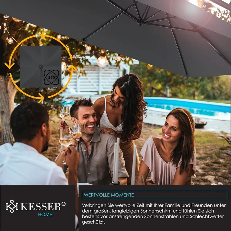 KESSER® 'Holly' Ampelschirm ohne LED Solar, inkl. Ständer, Abdeckung & Windsicherung mit Kurbel, Aluminium anthrazit, Ø 350 cm – Bild 6