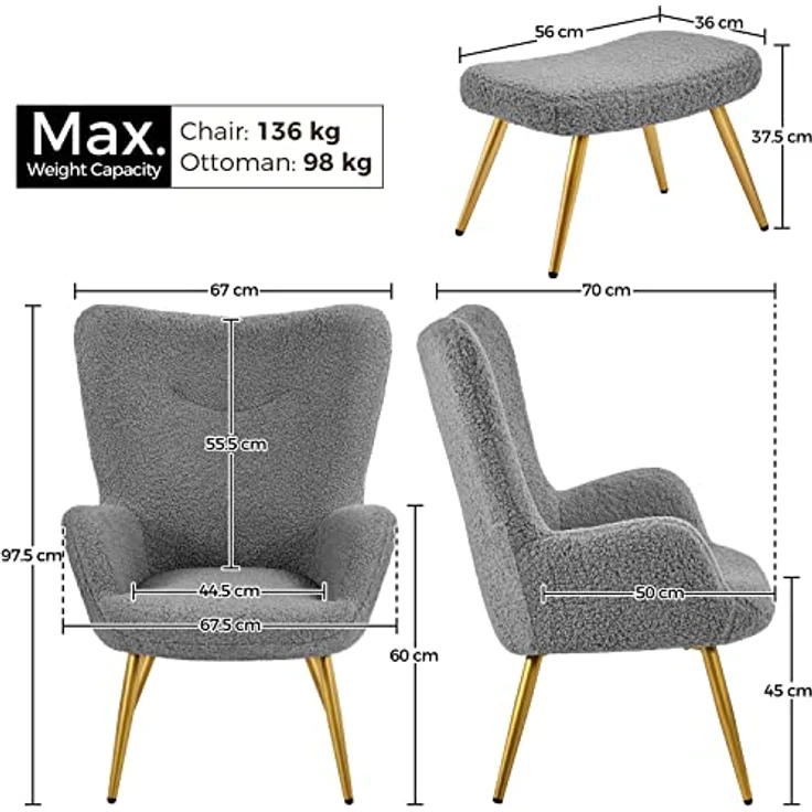 Yaheetech Ohrensessel mit Hocker Polyester-Bezug, Fernsehsessel Armlehnensessel Polstersessel Relaxsessel Cocktailsessel Teddy-Plüsch Stilvolles Design Grau – Bild 4