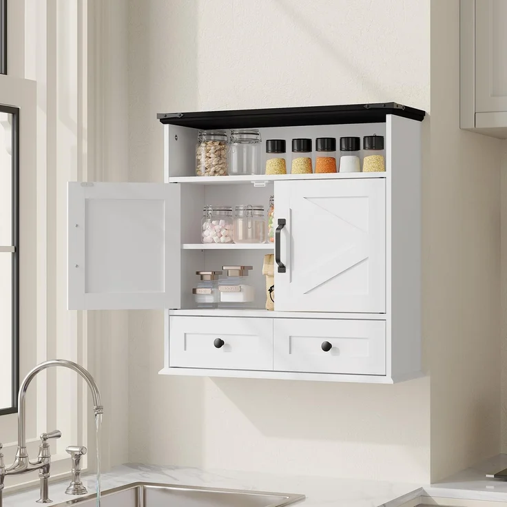 Garvee Badezimmer-Wandschrank mit Schiebetüren, Weiß-Schwarz | Landhausstil mit verstellbarem Regal und Schublade, Aufbewahrung für Bad, Küche und Flur