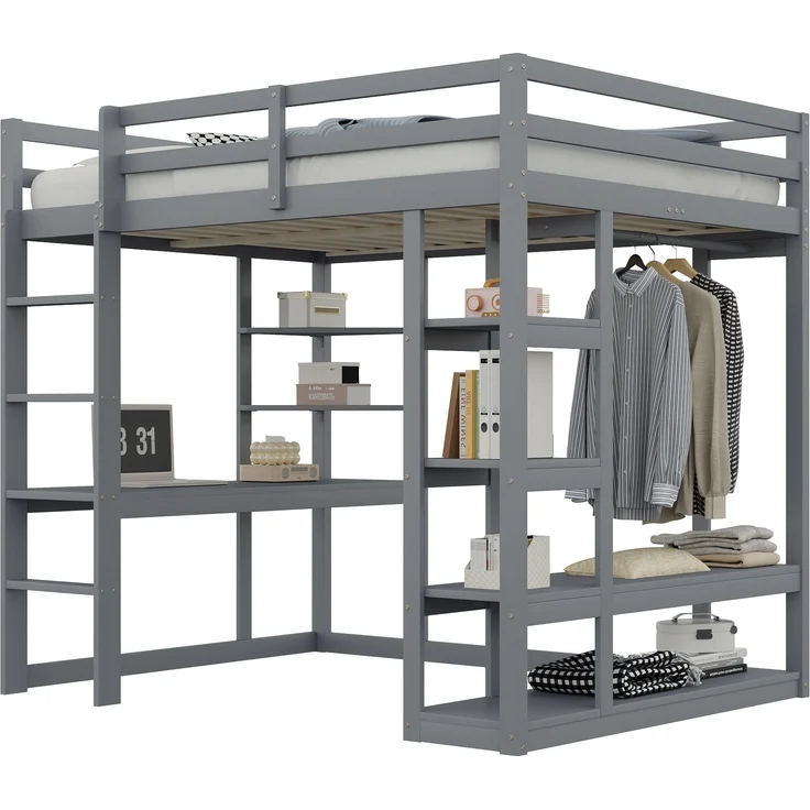 Graues Hochbett Mit Arbeitsplatz Und Kleiderschrank 140x200 Massivkiefer 120kg Tragkraft Jugendzimmer Studentenwohnung – Bild 7
