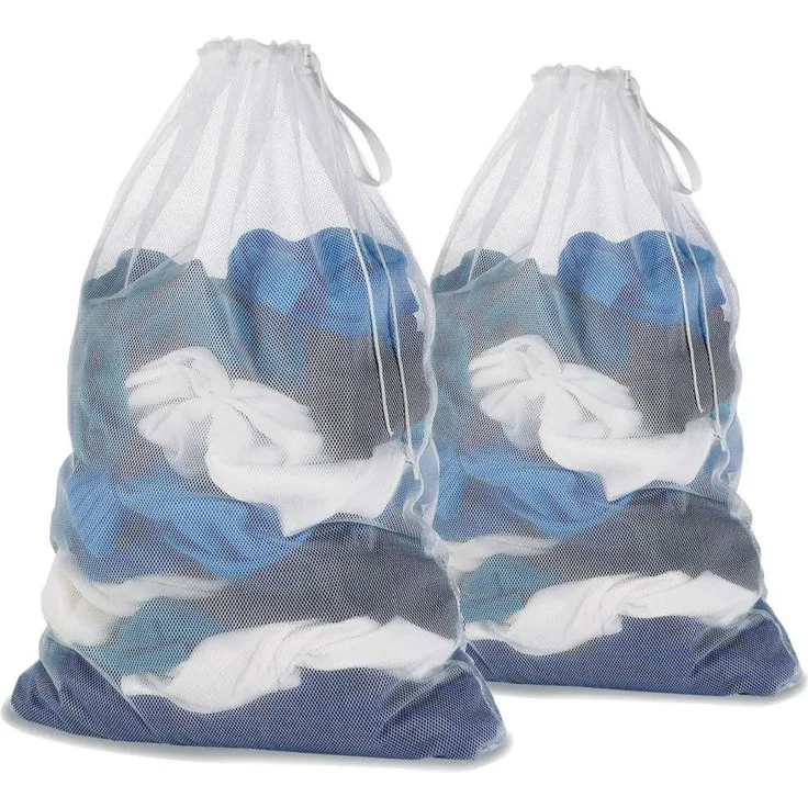 Wäschesack aus Netzstoff mit Kordelzug für Feinwäsche, Waschmaschine, Reisen, College, schmutzige Kleidung, Netz, große Größe, strapazierfähig, wiederverwendbar, faltbar, Weiß, 2 Stück