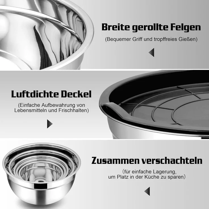 Homikit Rührschüssel Set Schwarz Edelstahl 5tlg mit Deckel für Küche – Bild 3