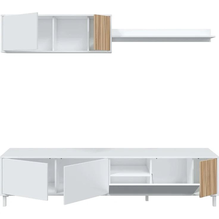 Habitdesign, Wohnzimmermöbel mit großem Stauraum, 5 Drehtüren und 1 Klapptür, in Artik weiß und Natur, moderner Stil für Esszimmer, Maße: 200 x 47 x 40 cm (B x H x T), Modell Ethna – Bild 4