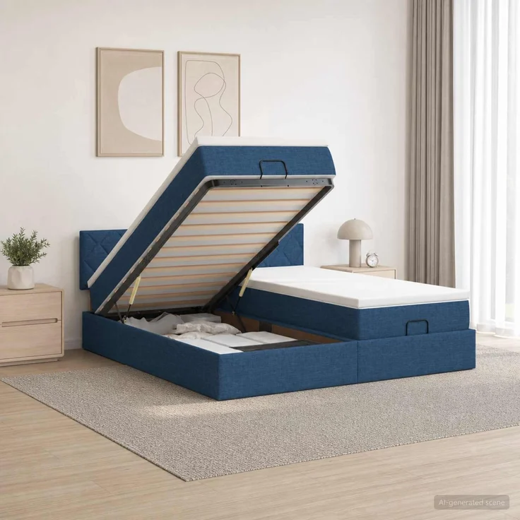 vidaXL Ottoman Bett mit Matratze mit Kopfteil 2 Stk. Blau Stoff 3456725 – Bild 1