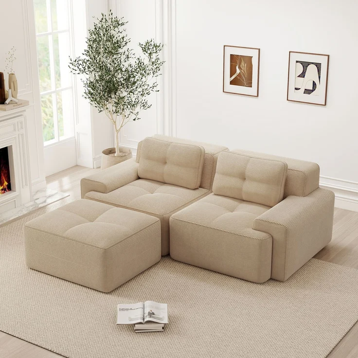 Boneless Modulsofa,Modernes L-förmiges Modulsofa für Wohnzimmer mit Tiefem Sitz bequemes Corduroy-Cloud-Sofa mit Ottoman Getuftetes Zweisitzer-Schlafsofa,Corduroy,Beige, – Bild 3