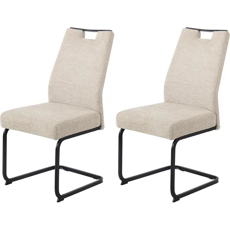 Hela Tische, 2er Set Esszimmerstuhl Freischwinger Kerstin, Bezug Webstoff Beige, Vierkantgestell + Griff Schwarz, Komfortsitz Federkorb, 140kg belastbar