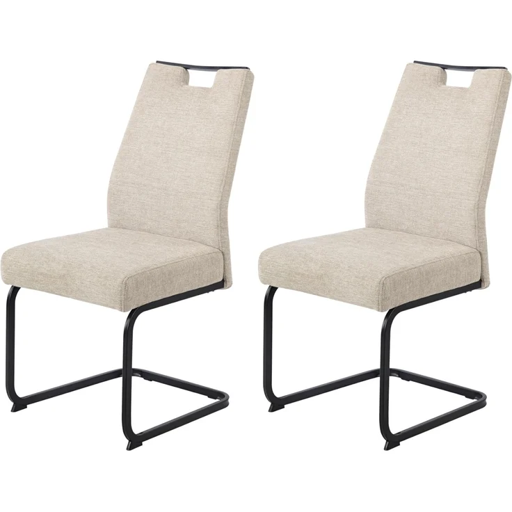 Hela Tische, 2er Set Esszimmerstuhl Freischwinger Kerstin, Bezug Webstoff Beige, Vierkantgestell + Griff Schwarz, Komfortsitz Federkorb, 140kg belastbar – Bild 1