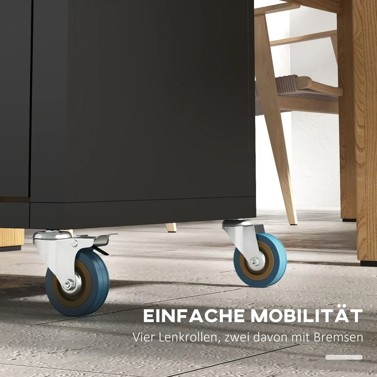 EINHOM Küchenwagen mit Rollen Servierwagen mit Schrank & Haken Edelstahlgriffe Schwarz 86 x 50 x 86, 5 cm für Küche & Esszimmer – Bild 5