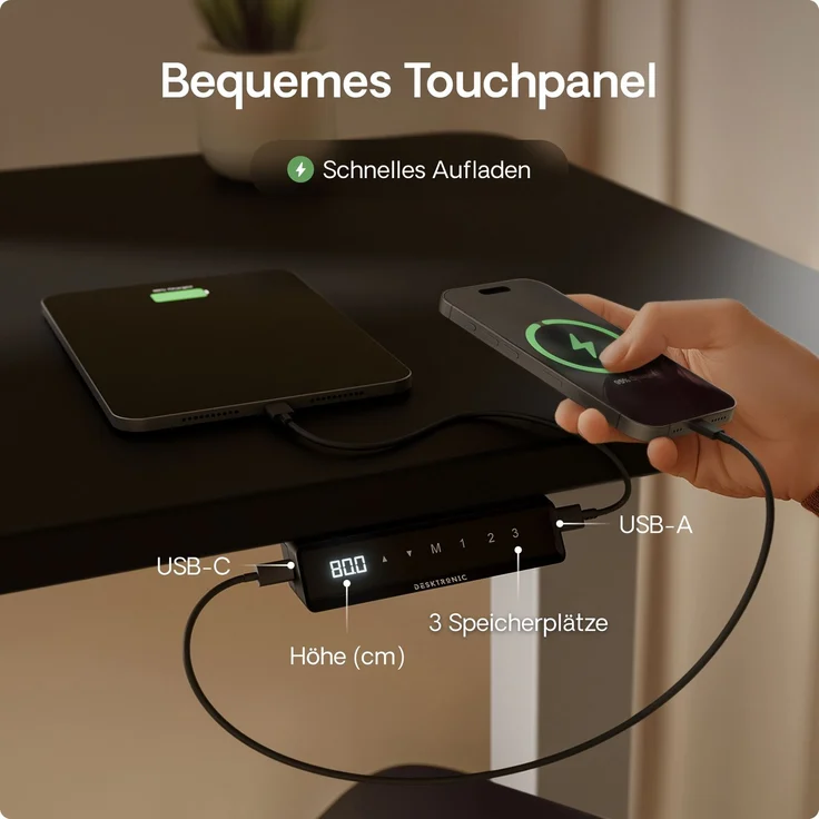 Desktronic HomeOne Elektrisch höhenverstellbarer Schreibtisch 160x80cm Grau/Schwarz mit Memory-Funktion, Anti-Kollisions Technologie, USB-A und USB-C-Ladeanschlüssen – Bild 6