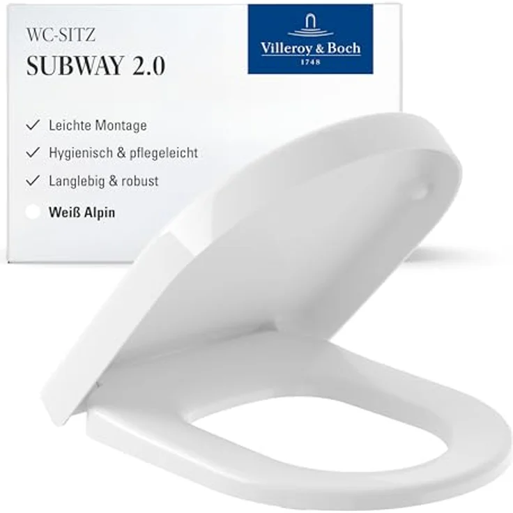 Villeroy & Boch Subway 2.0 WC-Sitz, Toilettendeckel mit komfortabler Breite, abnehmbarer Toilettensitz aus bruchsicherem Duroplast, Klodeckel Original Ersatzteil, oval, Weiß Alpin, glänzend – Bild 2