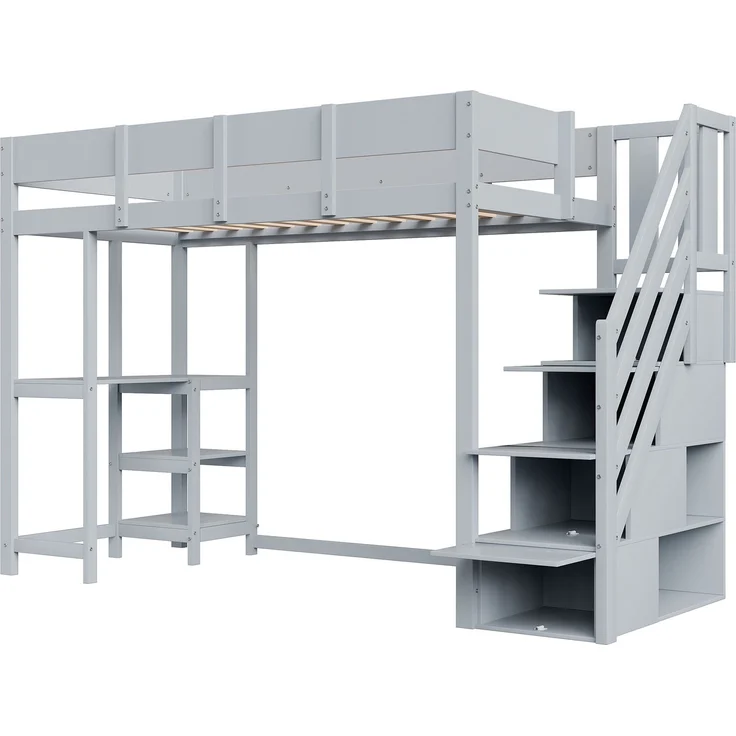 Hochbett 90x200 cm Kinderbett aus massivem Kiefernholz mit Stauraum,Treppe & Ablageregal,platzsparend,sicher,Grau – Bild 6