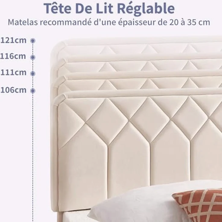 VECELO Doppelbett, gepolstert, 140 x 190 cm, Plattformrost, Lattenrost aus robustem Holz, kein Boxspringbett erforderlich, Velours-Stoff, einfach zu montieren, Beige – Bild 5