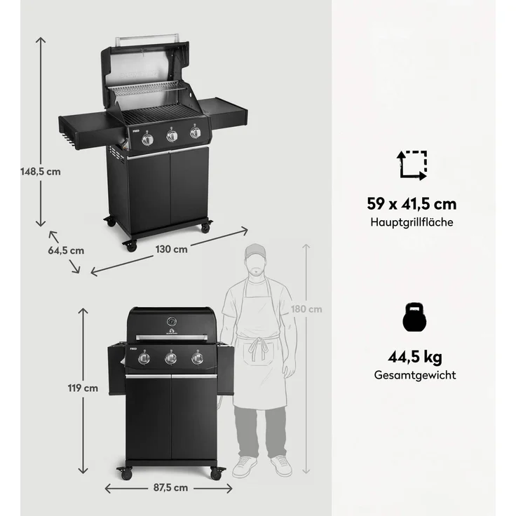 BURNHARD® Gasgrill 3-Brenner, 9,6 kW, Edelstahl-Stabbrenner, Piezo-Zündung, Gussrost, große Grillfläche, stabile Alu-Seitenteile – FRED Base - Schwarz - #947124 – Bild 3
