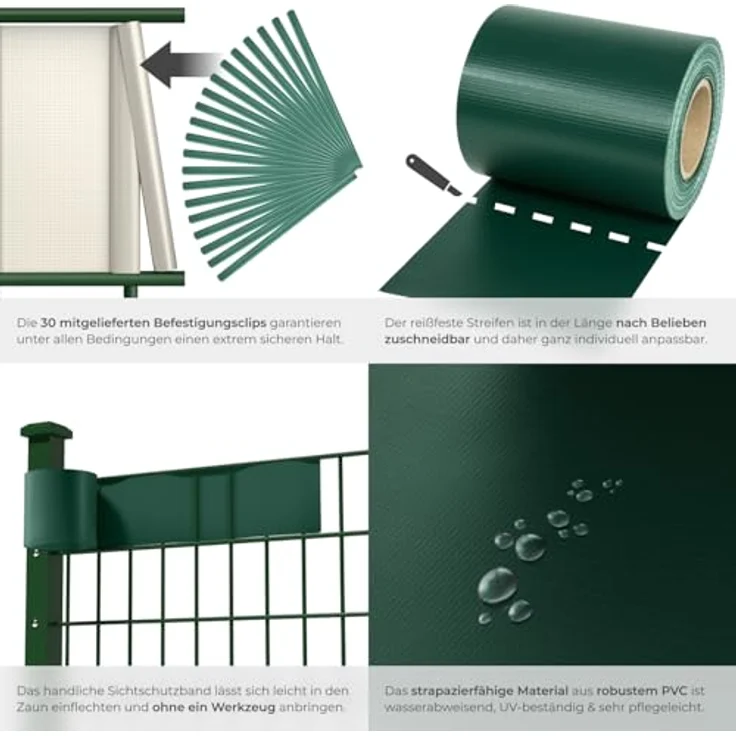 tectake® Sichtschutzfolie, Sichtschutzstreifen mit Befestigungsclips, Windschutz, Sonnenschutz, Sichtschutzmatte für Balkon, Garten, Terrasse, für Stabmattenzaun und Zaunelemente - 70 m, grün – Bild 6