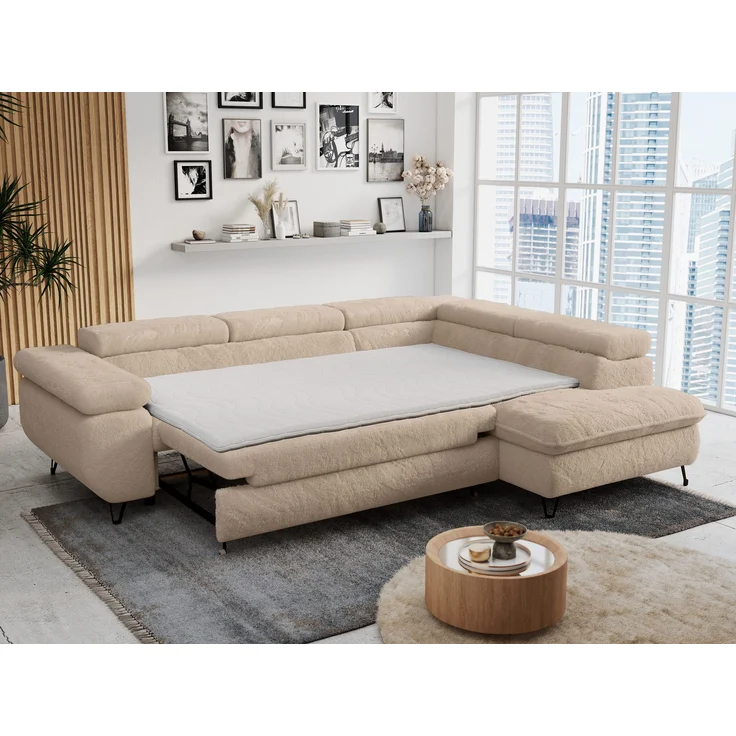 Ecksofa mit Bettfunktion, Modern Sofa, L-form, Einstellbare Kopfstützen, Bettkasten - PETER - Beige Plüsch - Topper T25 - rechts – Bild 5