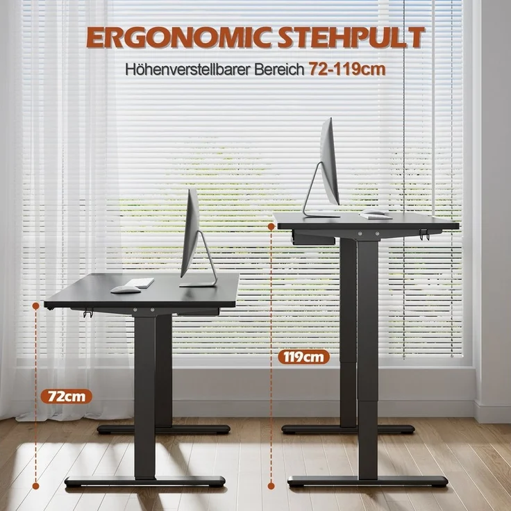 Furnicopia Schreibtisch Höhenverstellbar mit einer 25 mm dicken einteiligen Tischplatte (4-fache Höhenspeicherfunktion, Zweimotorantrieb und Tragfähigkeit über 100 kg Tischplatten-Tiefe ab 70 cm) – Bild 3