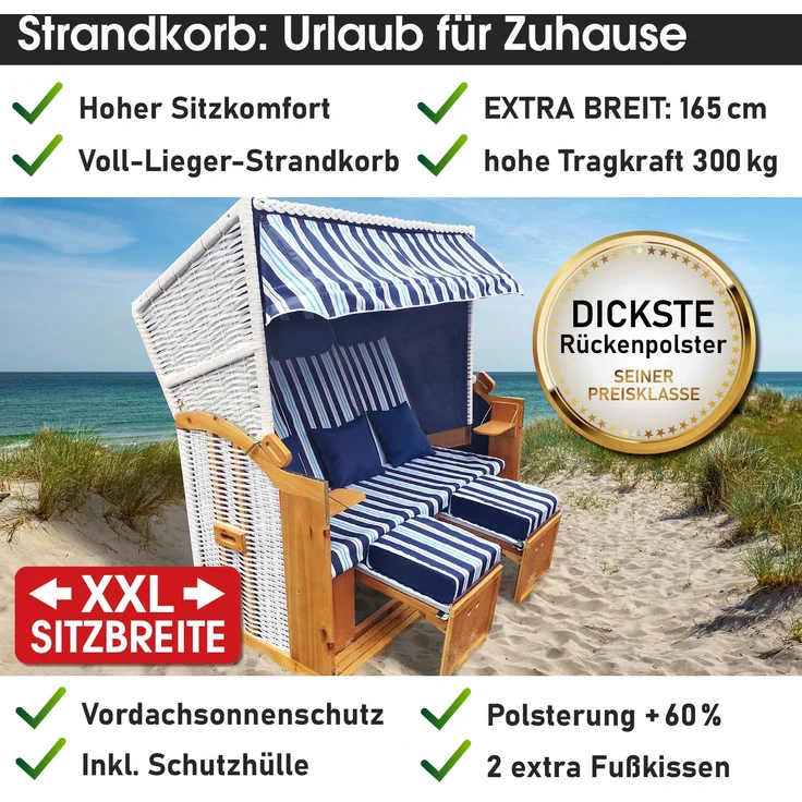 BRAST Strandkorb Usedom 3-Sitzer XXL für 2-3 Personen 165cm breit inkl. wetterfeste Abdeckhaube verstellbare Rückenlehne Fußkissen Hellblau - gestreift – Bild 7