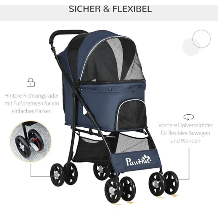 PawHut Hundebuggy mit Kissen, 4 Rädern, Netzfenster, Stauraum, (Hundewagen, 1-tlg), für kleine Hunde, Katzen, 600D Oxford, Marineblau – Bild 7